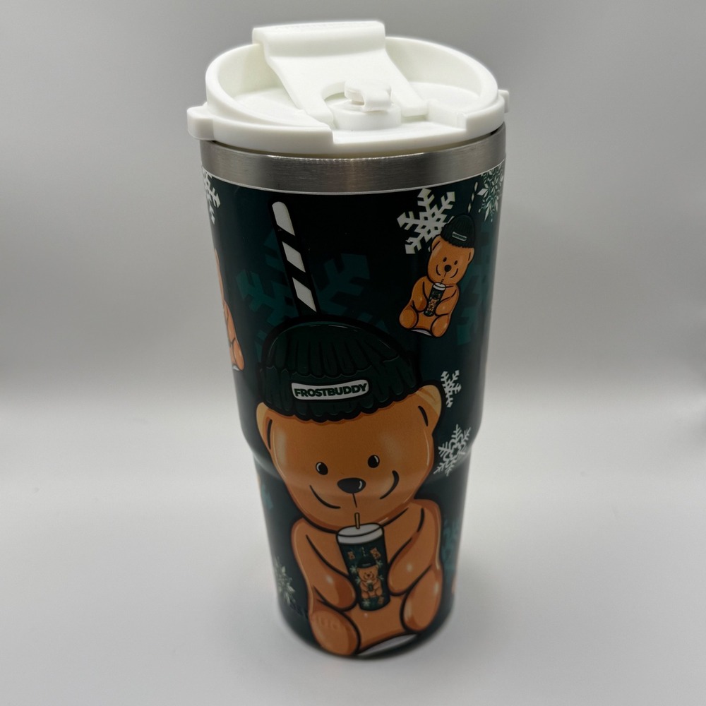 FrostBuddy Holiday Teddy Bear Snowflakes Insulated Tumbler Travel Mug Green 8in